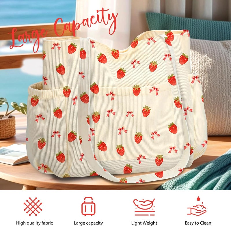 Hatisan Corduroy Tote Bag for Women,Large Capacity Cute Tote Bags With 6 Pockets,Crossbody Shoulder Handbag for Work Travel Gym - Image 4